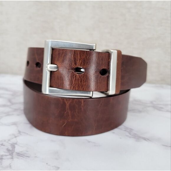 Fossil Men's Brown Leather Belt Silver Toned Buckle - Picture 1 of 13
